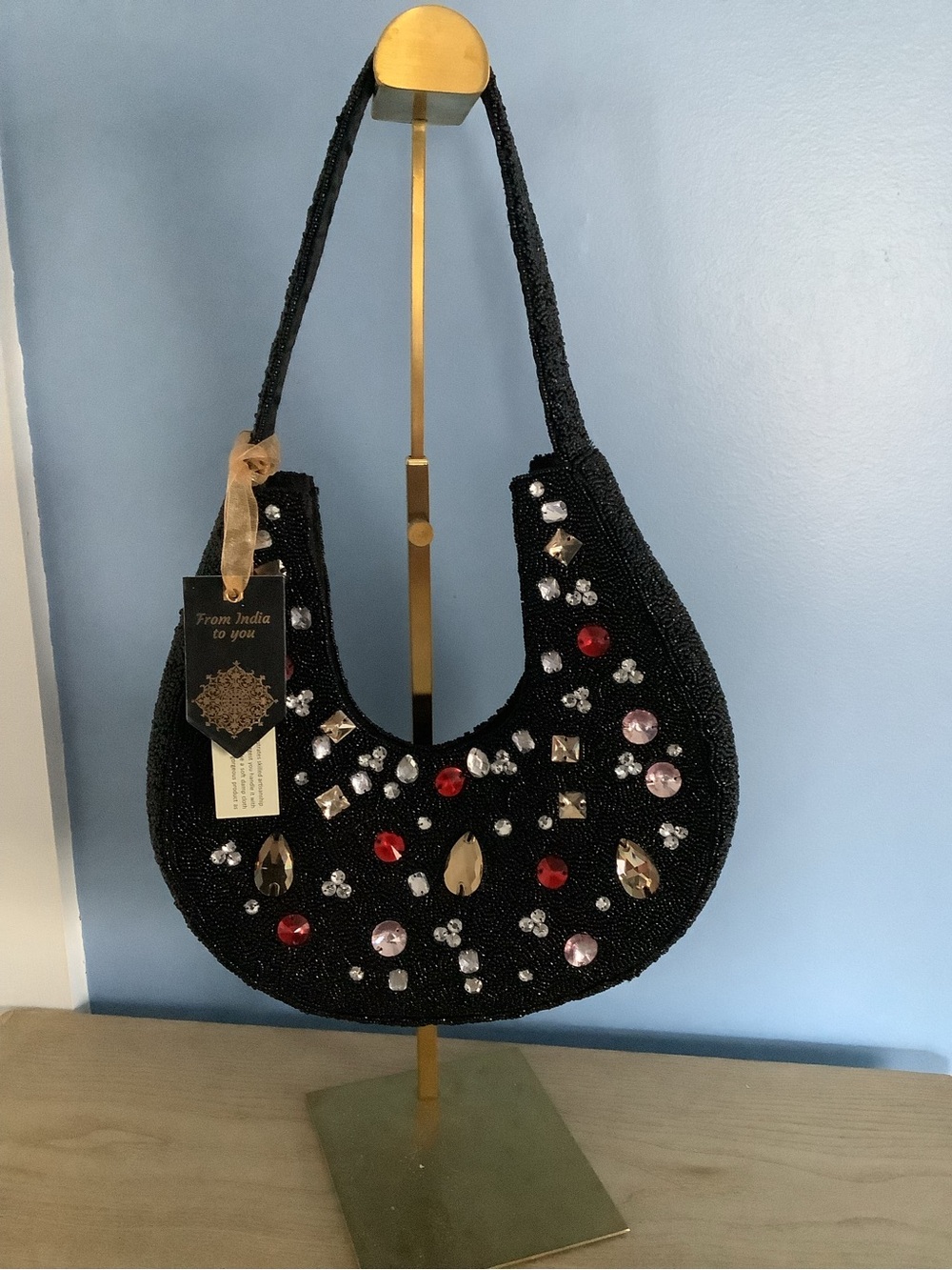 New Beaded Crescent Shoulder Bag with Jewel Accents - Black